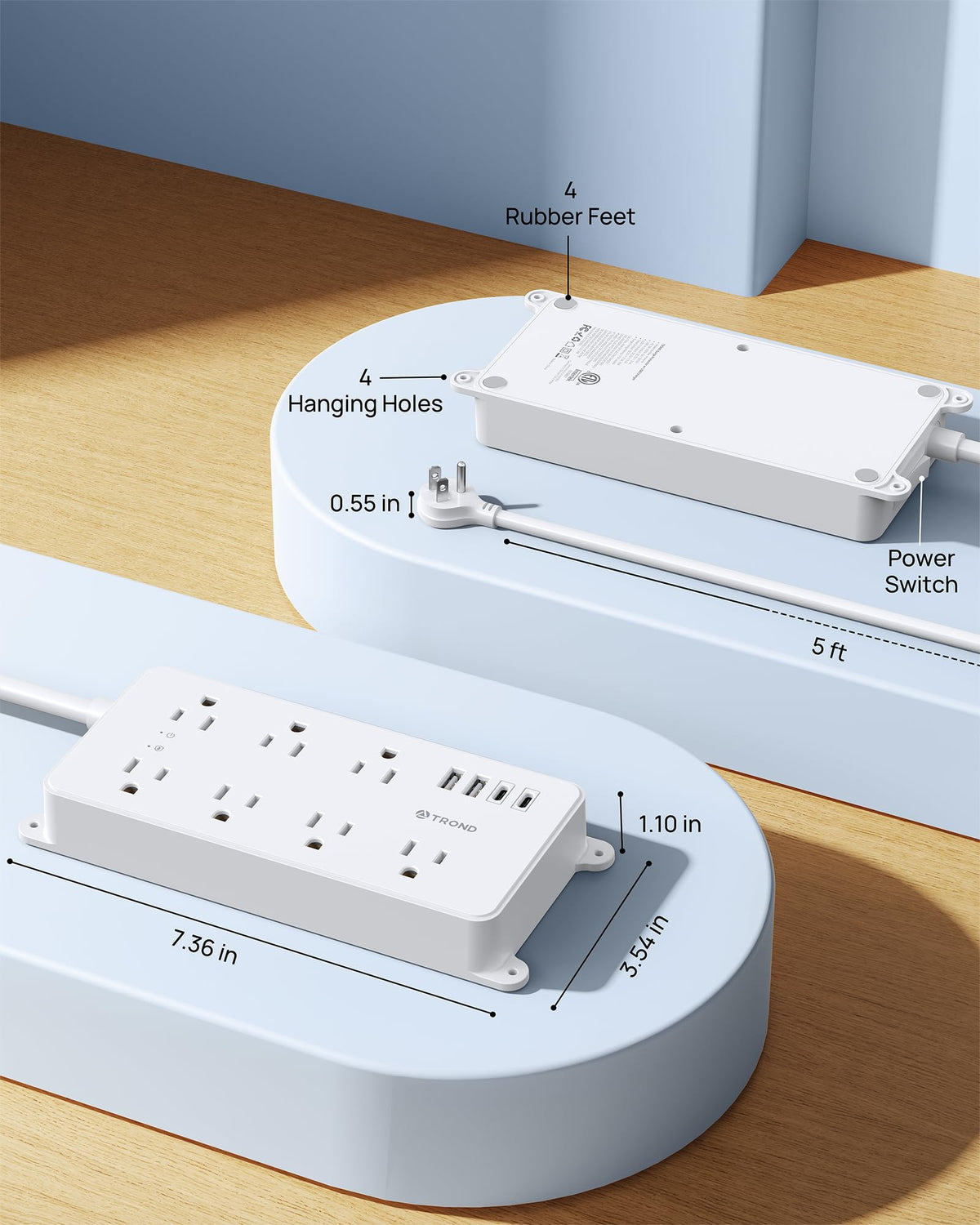 TROND power strip next to smartphone showing scale, compact multi-device charging