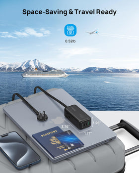 TROND power strip beside smartphone showing compact size for easy packing and portability
