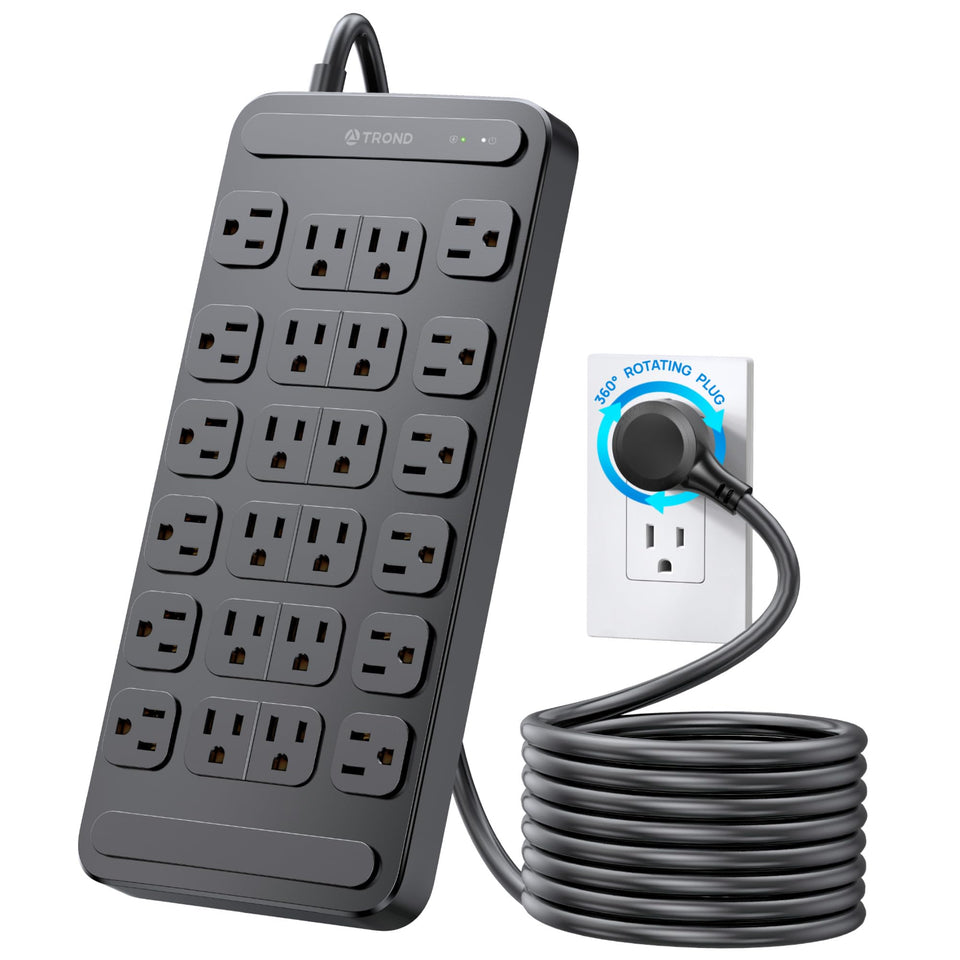 TROND Surge Protector with 360° rotating plug for flexible wall mounting.
