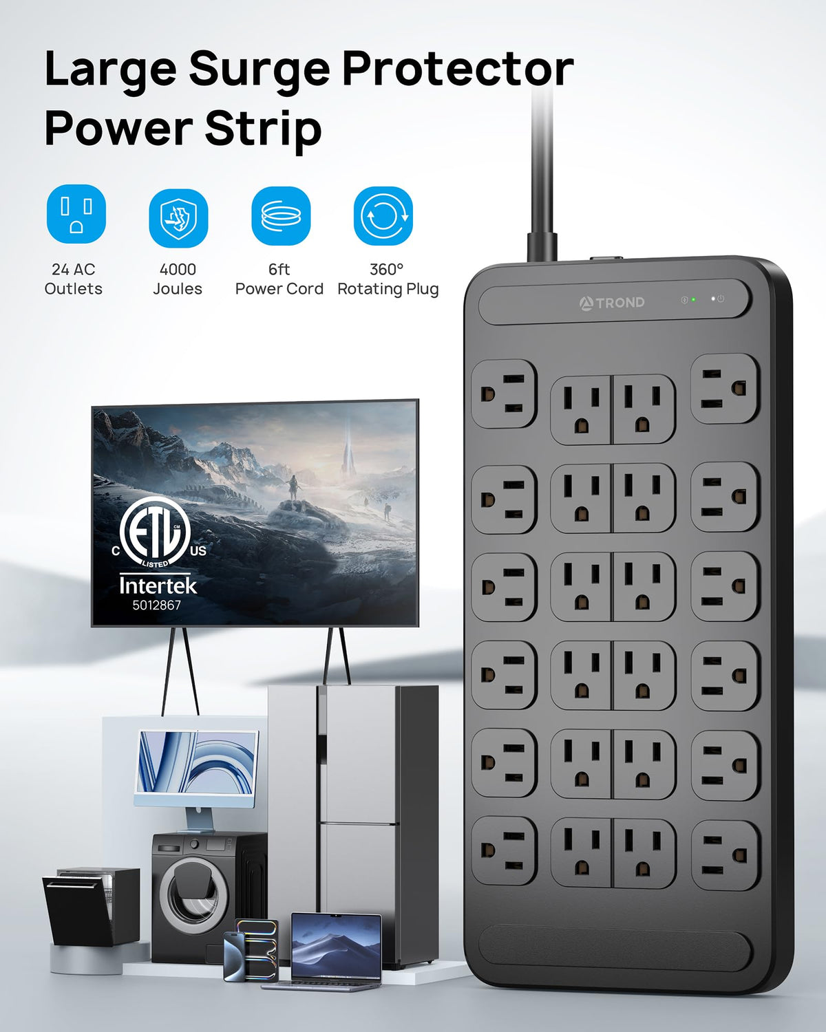 TROND Surge Protector suitable for gaming, office, and dorm setup.