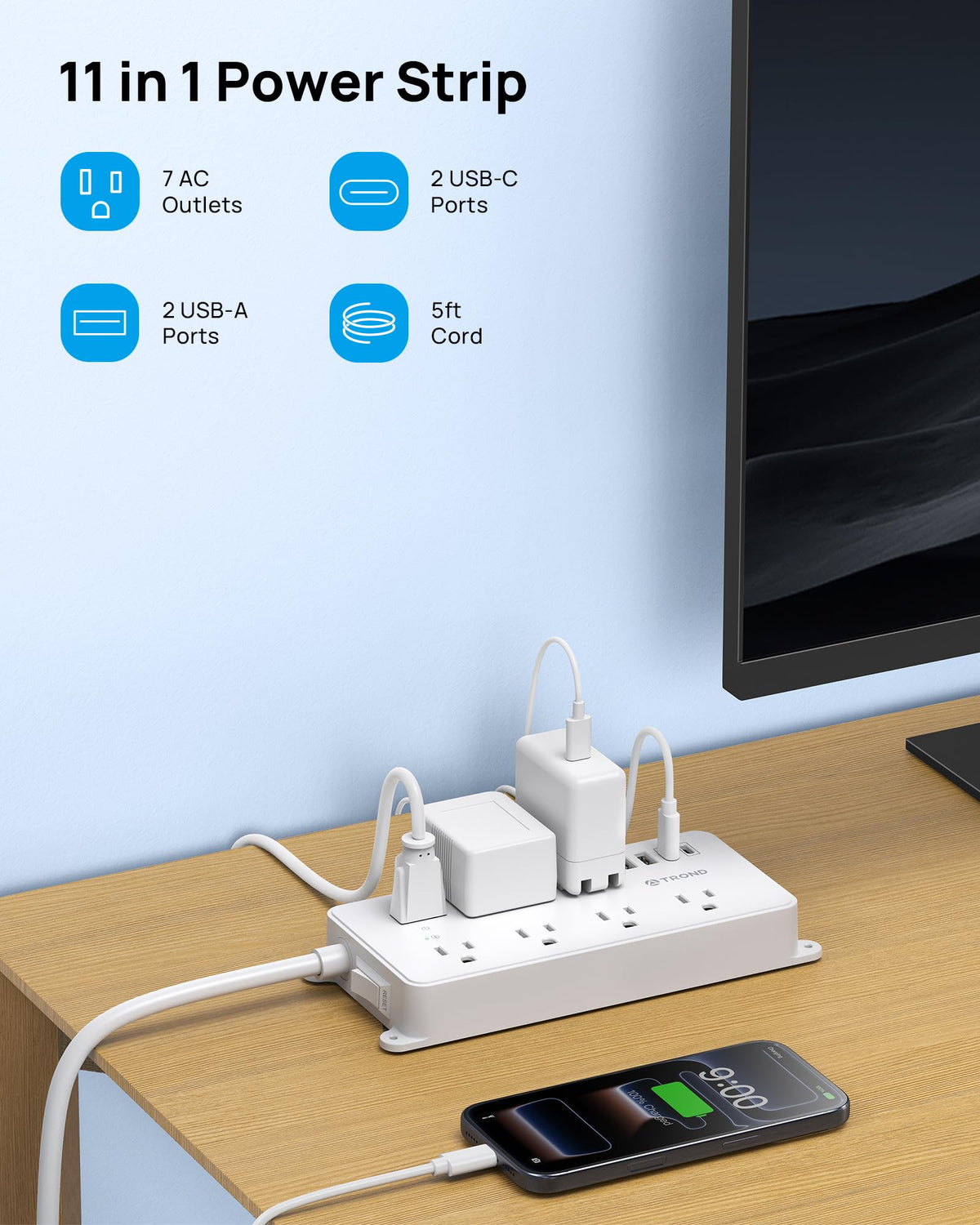 TROND protected indicator LED lit, confirms surge protection is active for devices