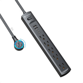 TROND surge protector with 360° rotating flat plug for easy behind-furniture placement.