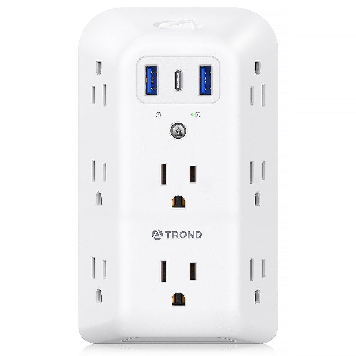 TROND surge protector on wall with eight outlets for versatile charging.
