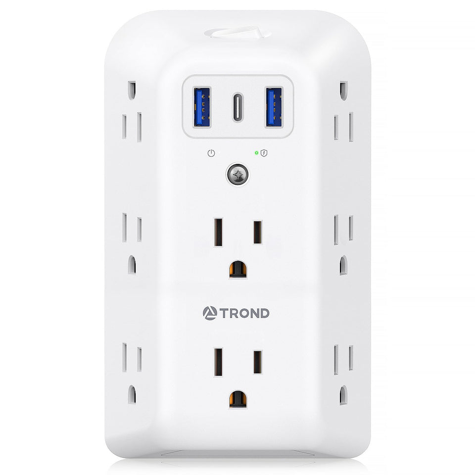 TROND surge protector on wall with eight outlets for versatile charging.