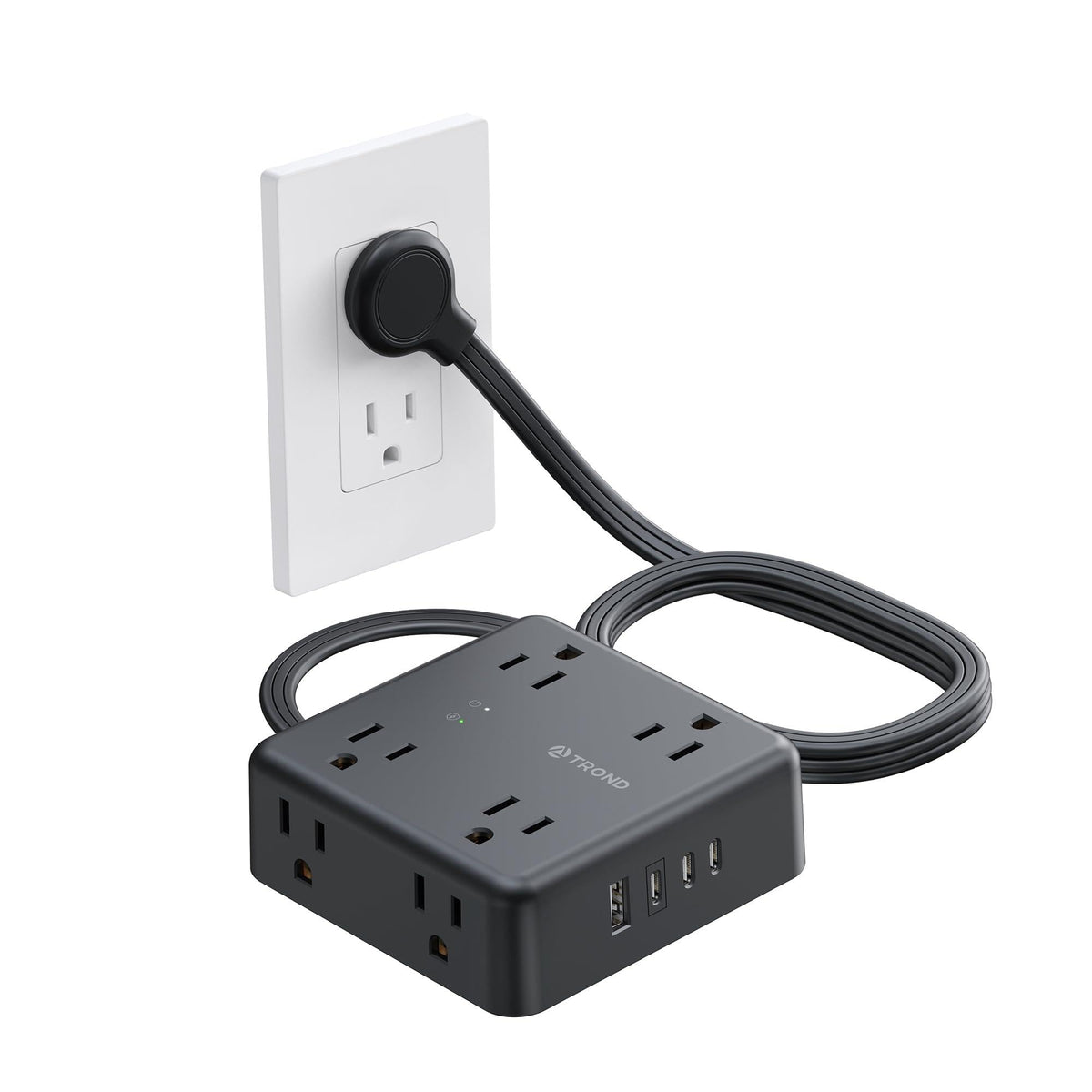 TROND surge protector shows eight outlets with flat plug for clutter-free power access.