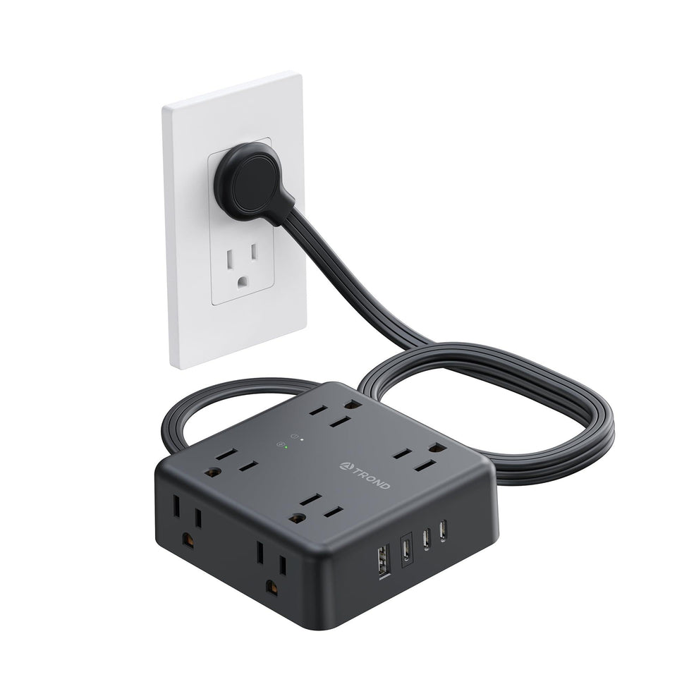 TROND surge protector shows eight outlets with flat plug for clutter-free power access.