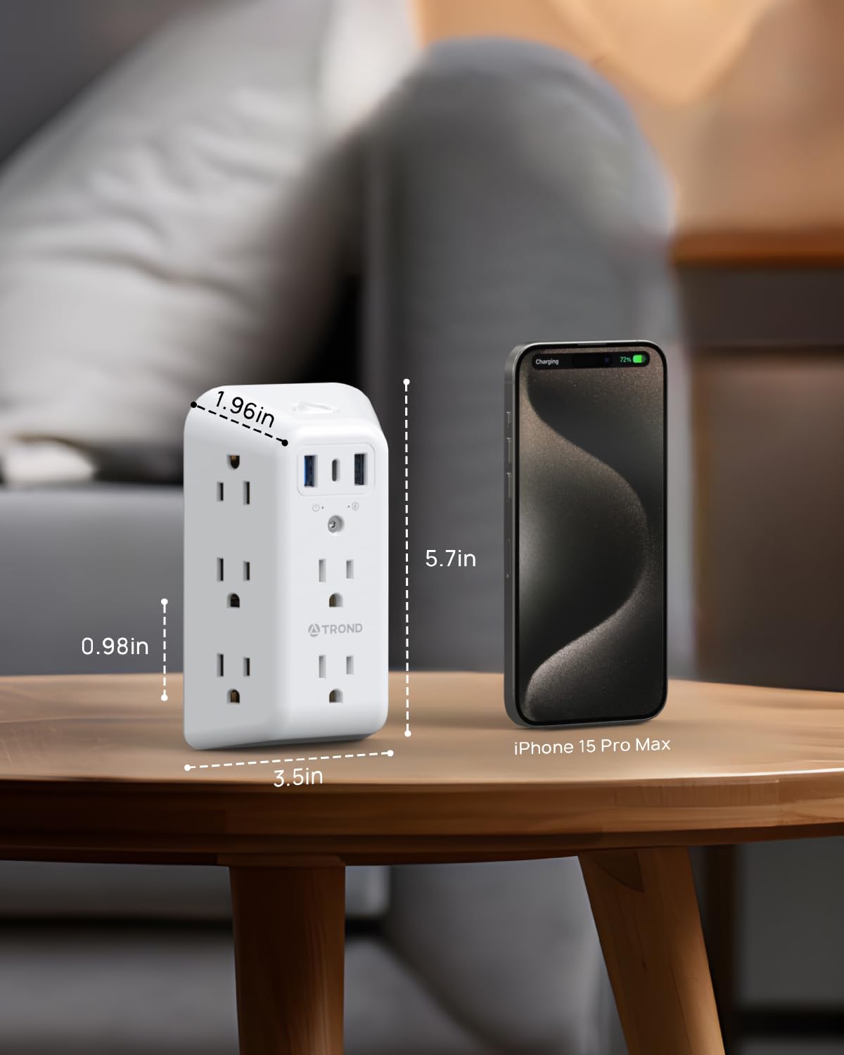 TROND surge protector in kitchen or office scenario powering multiple devices.
