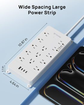 TROND surge protector label detail, highlights 4000J and ETL safety
