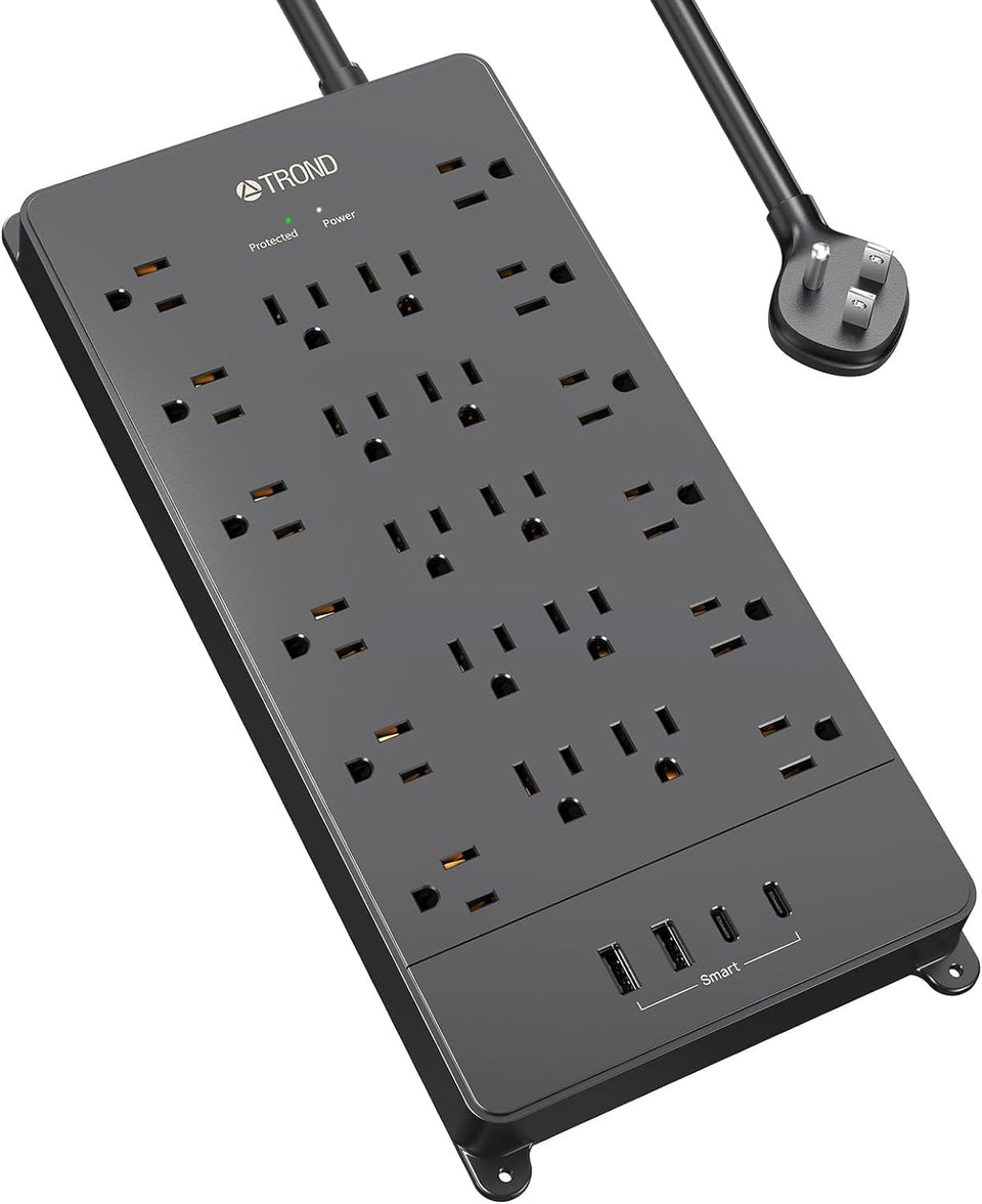 TROND surge protector power strip with 5ft flat plug for tight under-desk spaces