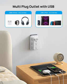 TROND surge protector three-sided layout highlighting spacious outlet spacing.