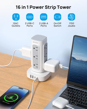 TROND surge protector tower flat plug minimizes wall clutter