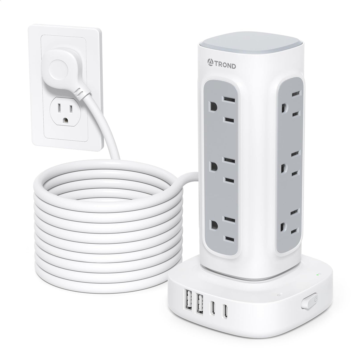 TROND surge protector tower front view with 12 outlets for organized power access