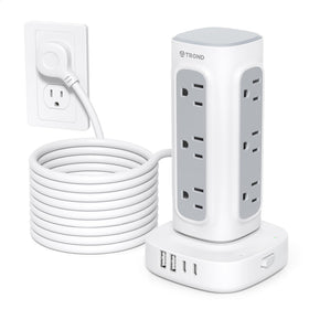 TROND surge protector tower front view with 12 outlets for organized power access