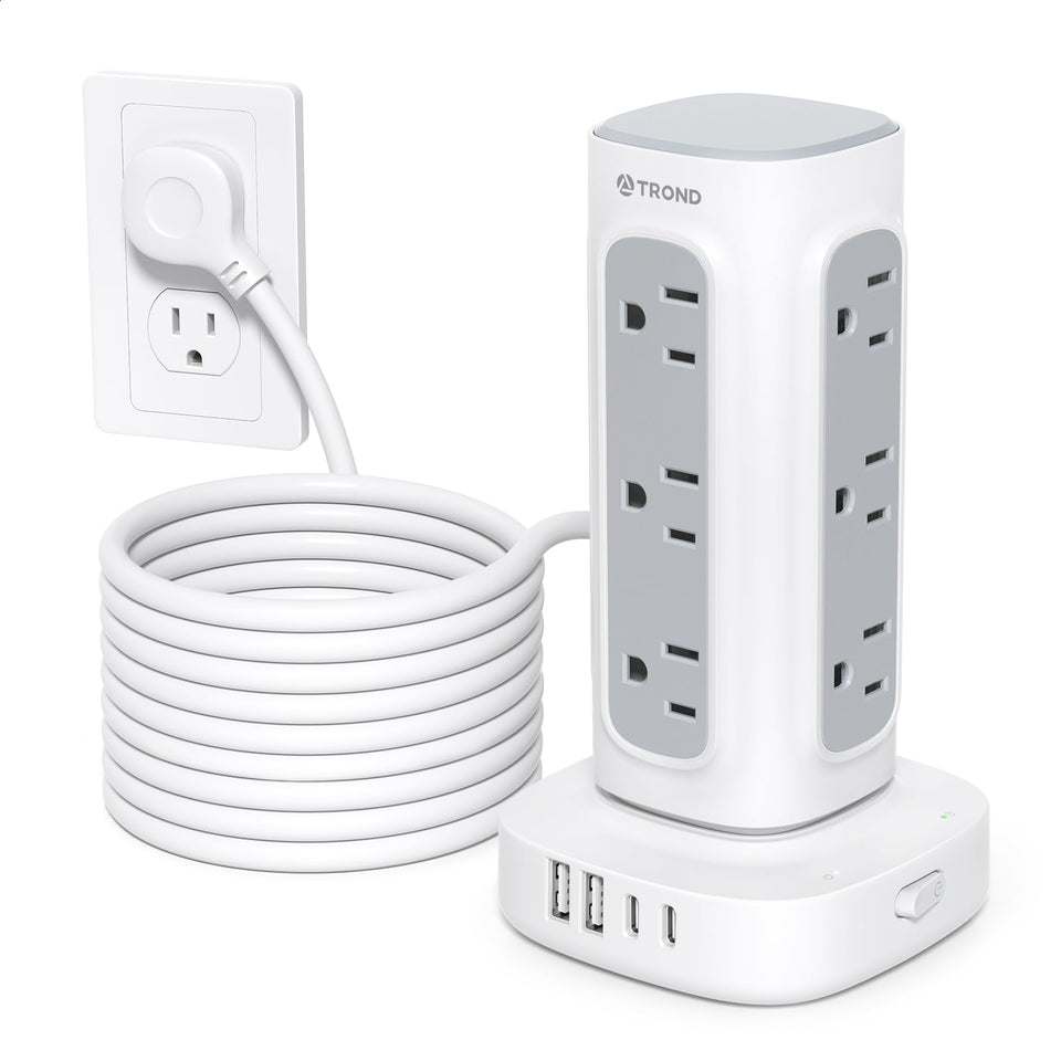 TROND surge protector tower front view with 12 outlets for organized power access