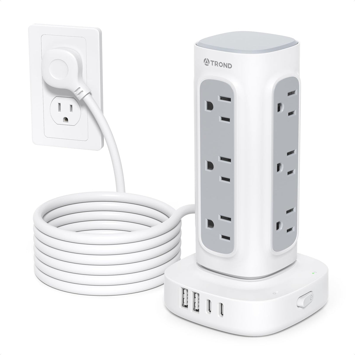 TROND surge protector tower showing space-saving vertical design for desks.