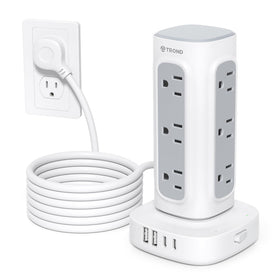 TROND surge protector tower showing space-saving vertical design for desks.