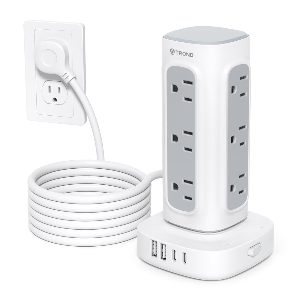 TROND surge protector tower showing space-saving vertical design for desks.