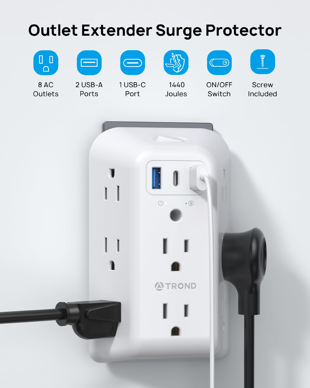TROND surge protector USB ports close-up showing fast charging capability.