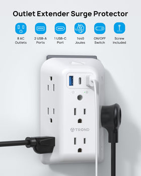 TROND surge protector USB ports close-up showing fast charging capability.