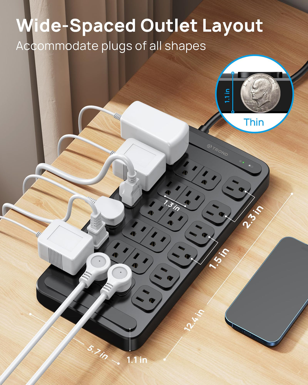 TROND Surge Protector featuring wall-mount holes to save space.