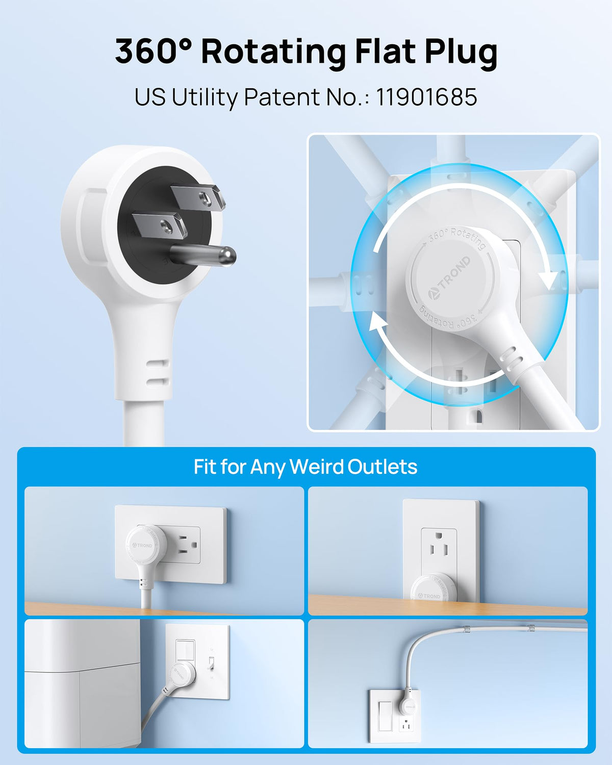 TROND close-up of 360° rotating flat plug demonstrating flexible placement benefit