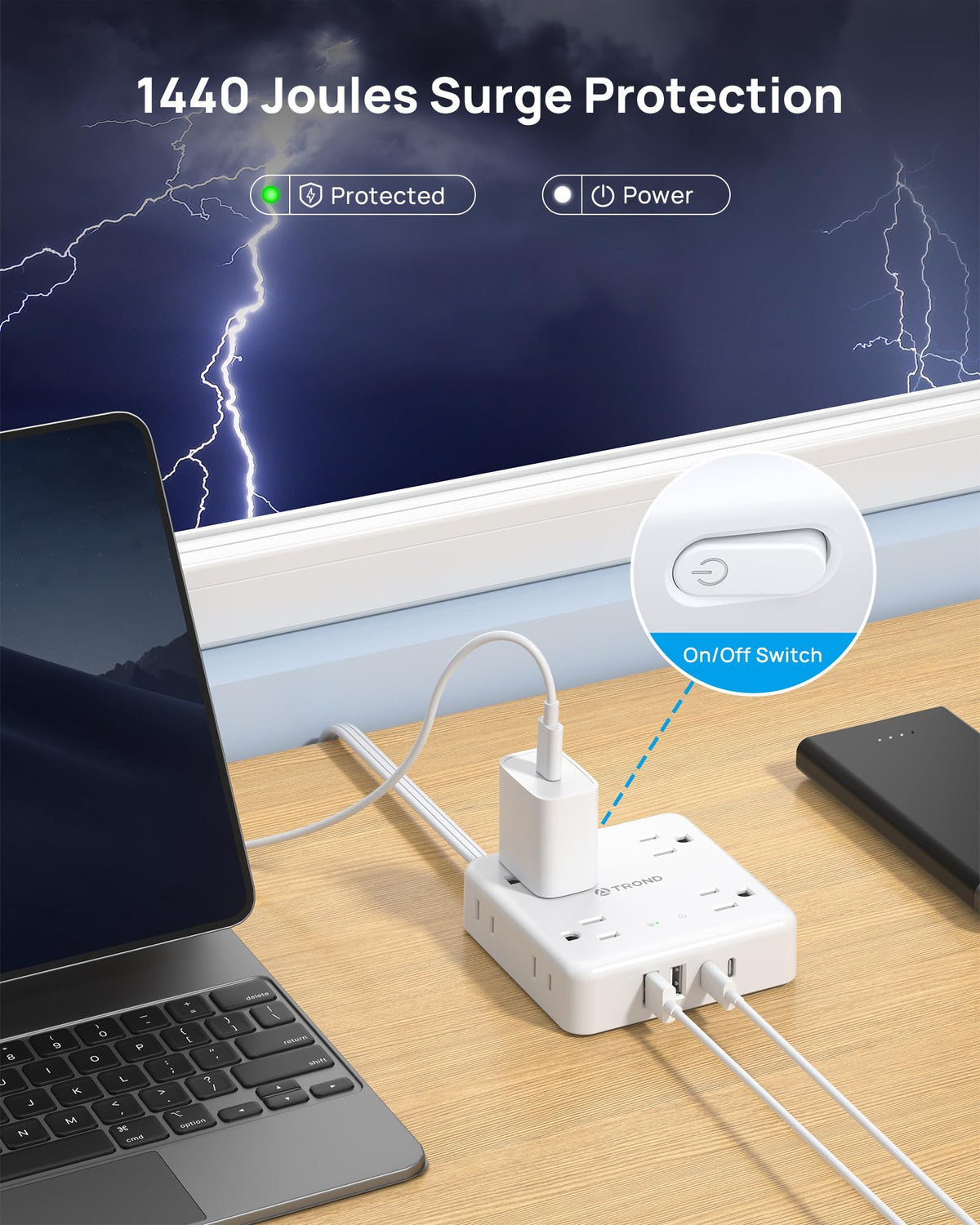 TROND thin extension cord design keeps cords tidy in small rooms.
