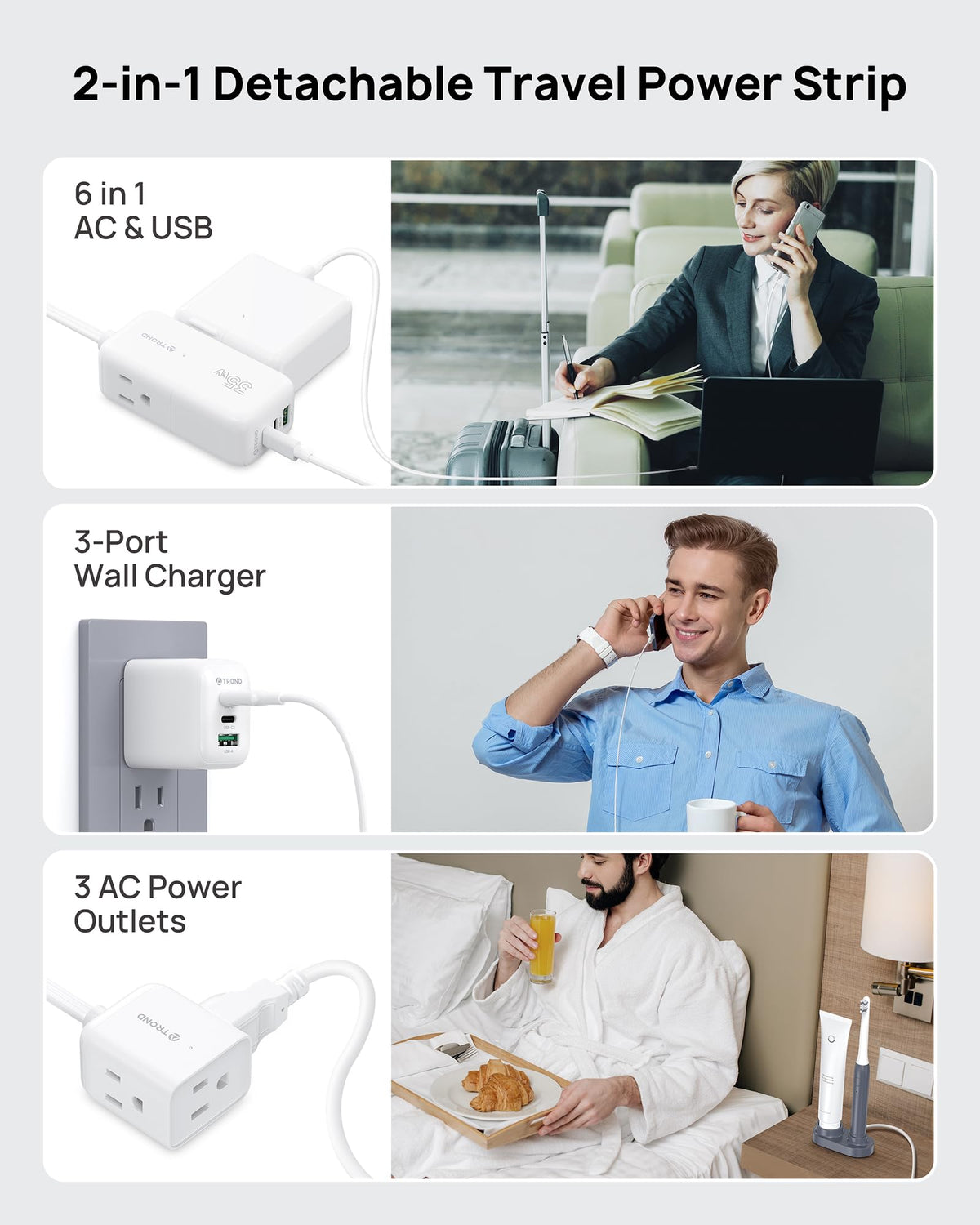 TROND closeup of three AC outlets allowing multiple devices to run simultaneously