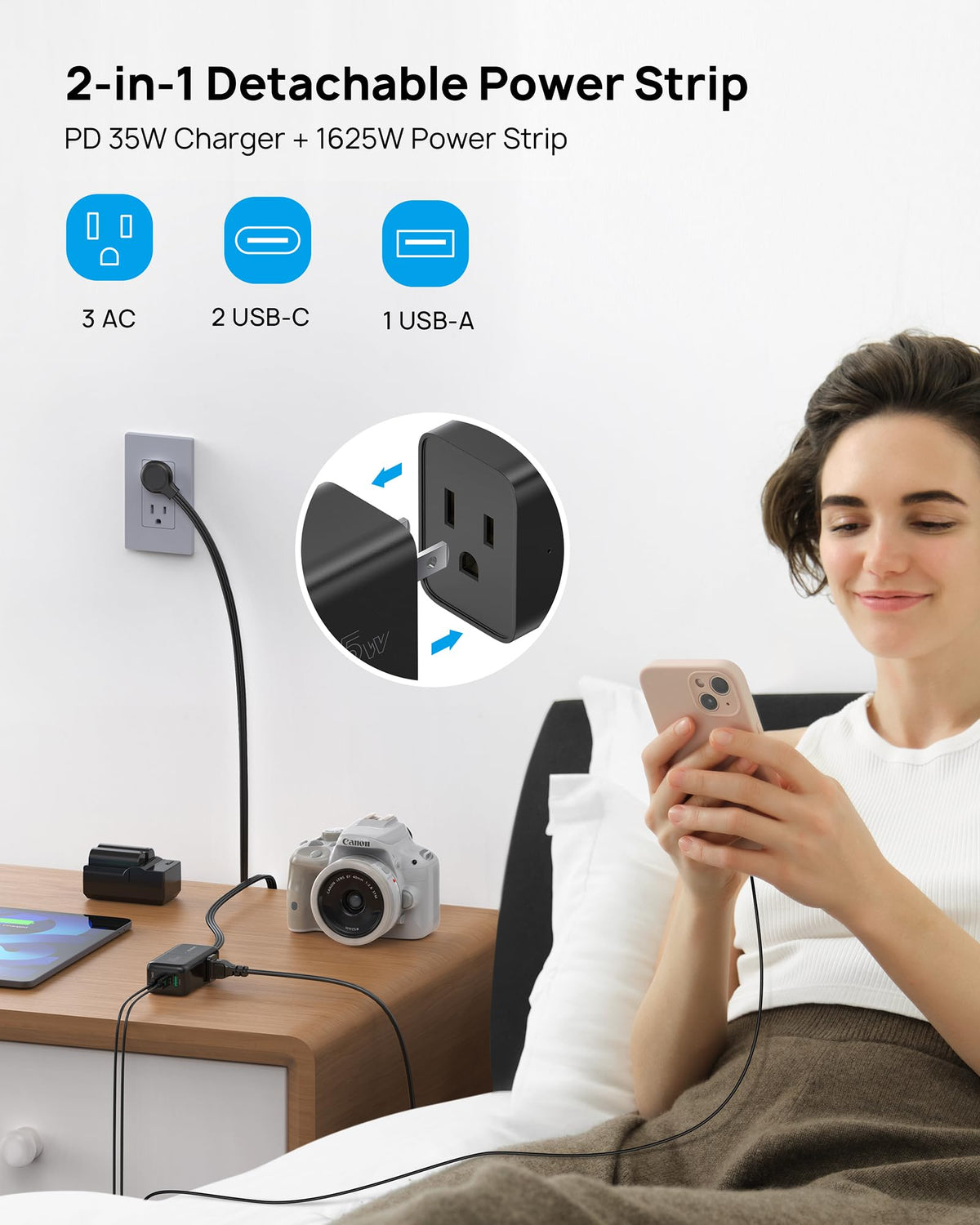 TROND detail of three AC outlets on strip enabling multiple devices to be powered simultaneously