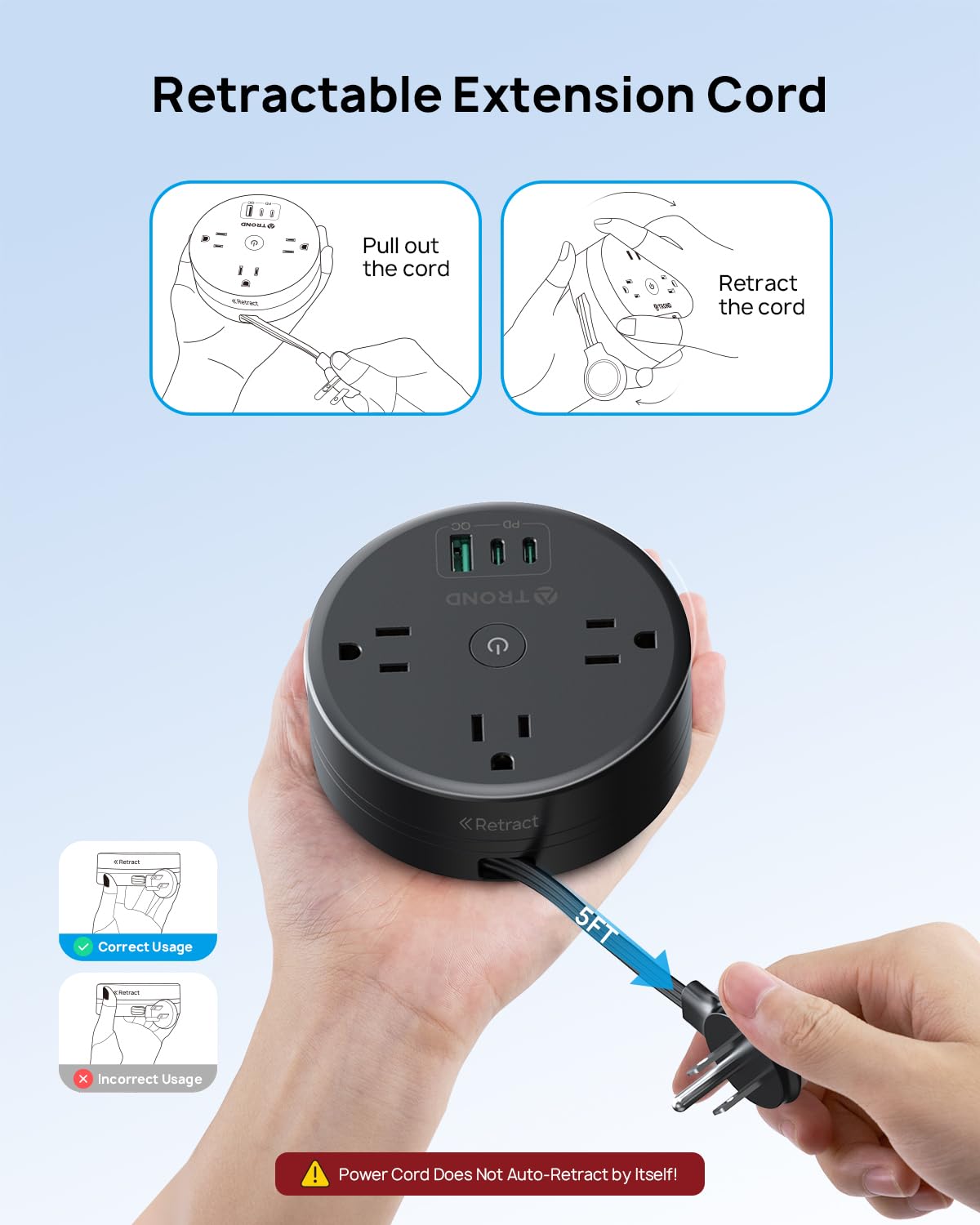 TROND three-outlet power strip with USB-C and USB-A for versatile charging.