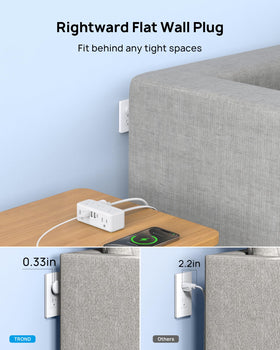 TROND three-sided design frees outlets and reduces obstruction on a power strip
