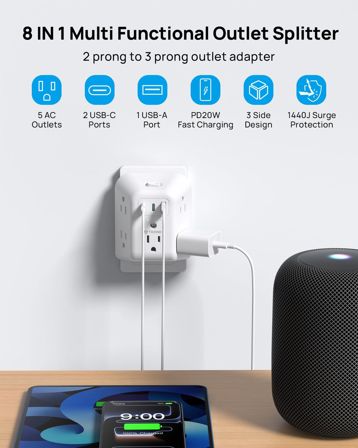 TROND three-sided outlet configuration accommodates multiple devices without blocking.