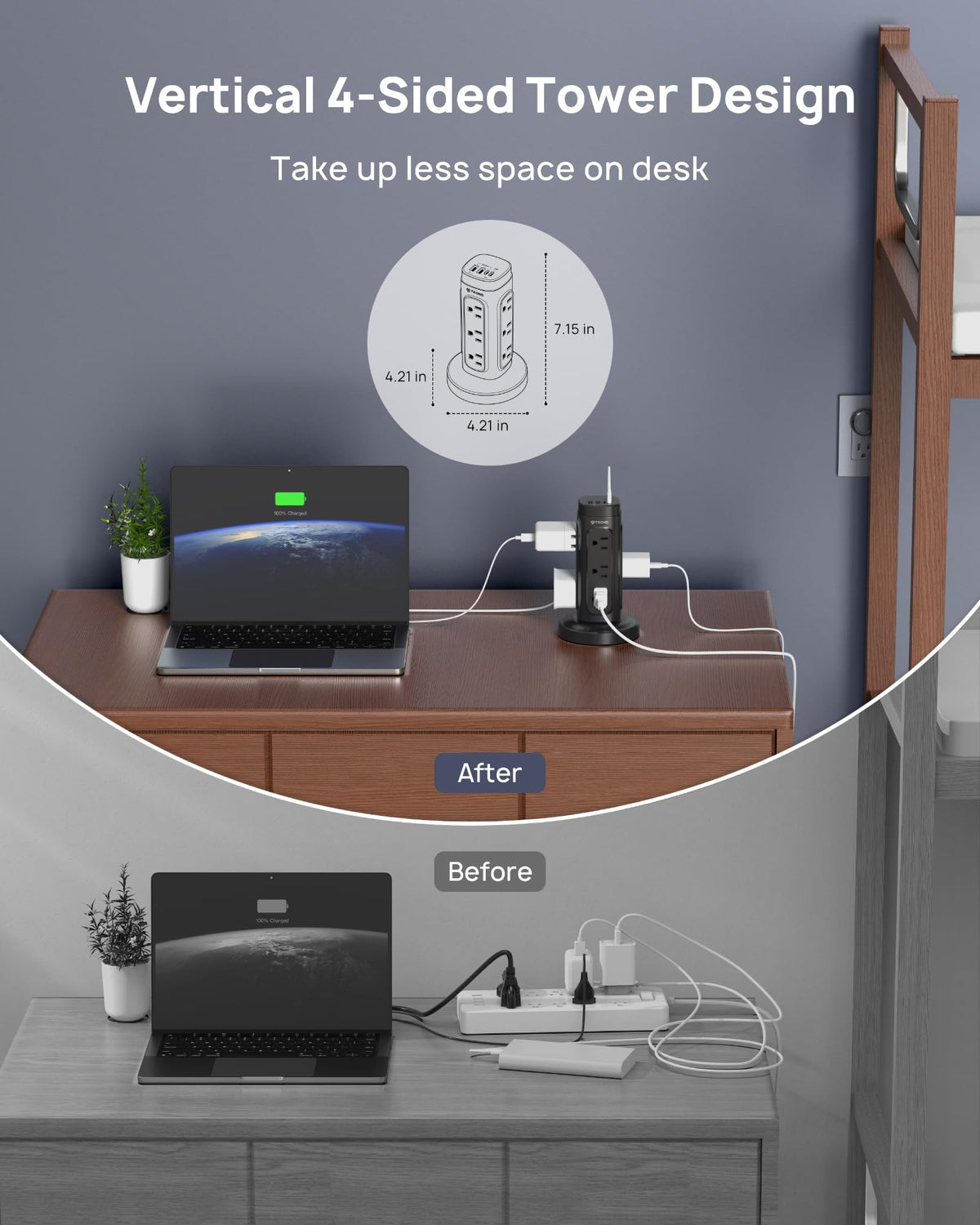 TROND angled side with widely spaced outlets allowing large adapters without blocking neighbors