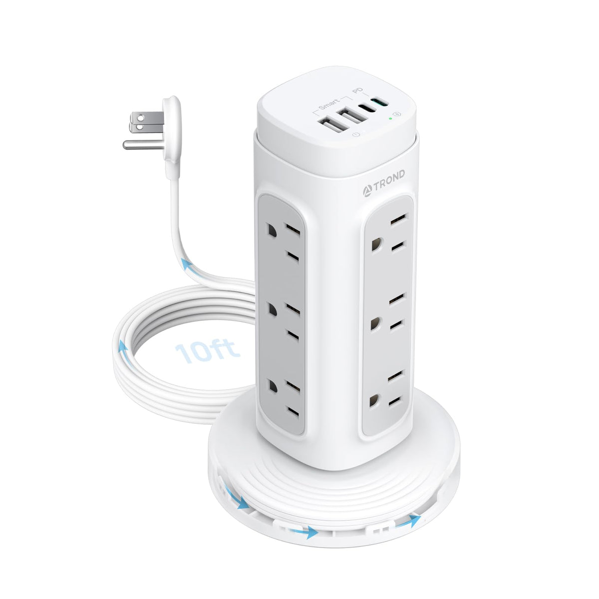 TROND tower front view showing multiple AC outlets and power switch, maximizes charging capacity