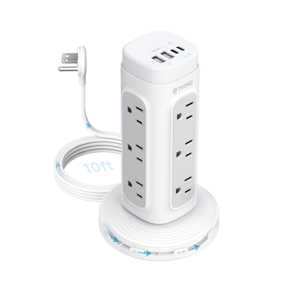 TROND tower front view showing multiple AC outlets and power switch, maximizes charging capacity