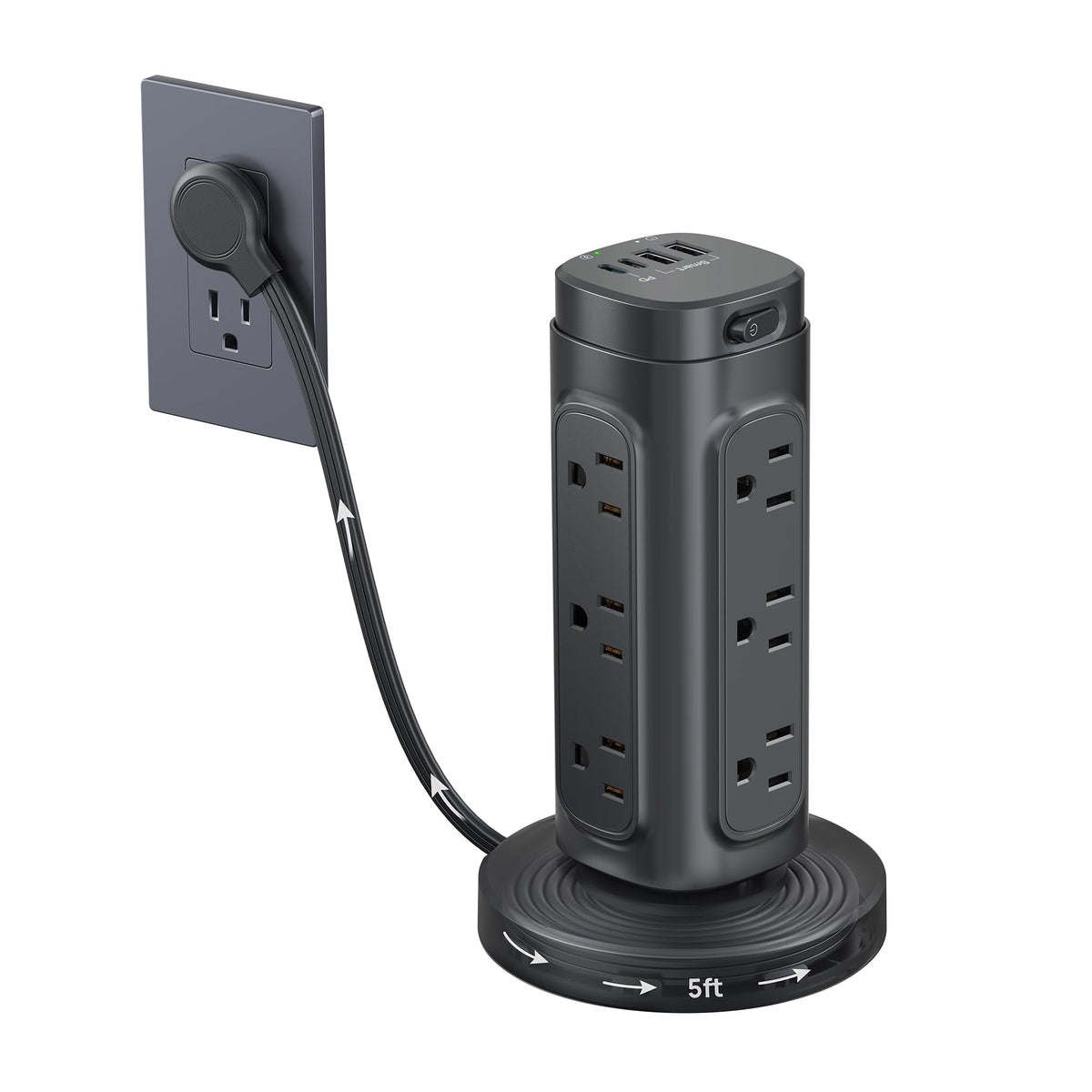 TROND power strip tower front view showing all outlets and compact footprint for organized power