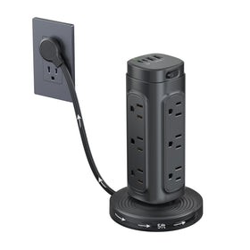 TROND power strip tower front view showing all outlets and compact footprint for organized power
