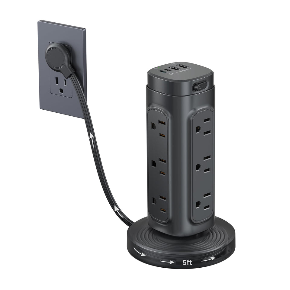 TROND power strip tower front view showing all outlets and compact footprint for organized power