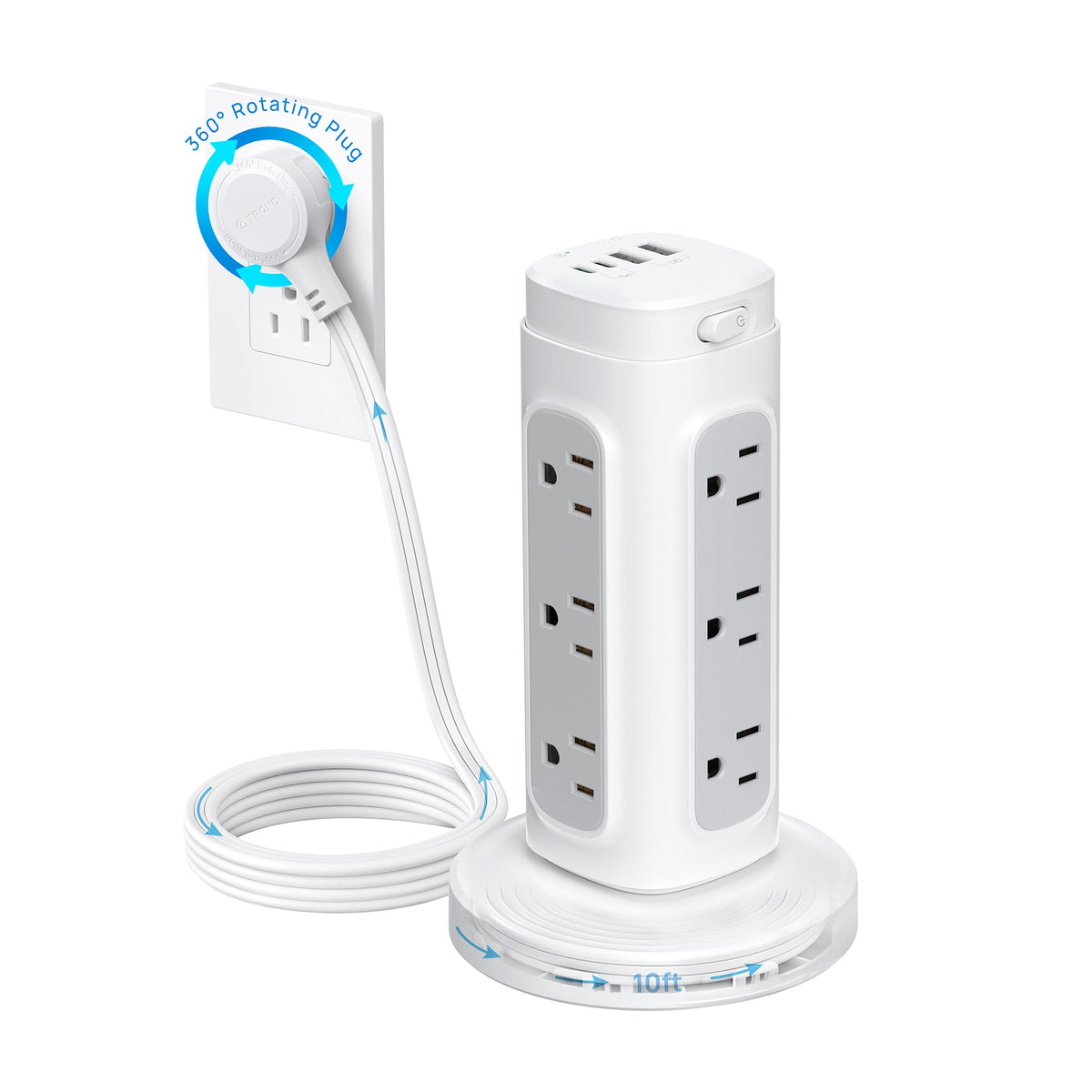TROND power tower front view showing vertical outlets and compact design for space saving