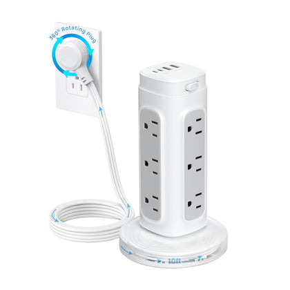 TROND power tower front view showing vertical outlets and compact design for space saving