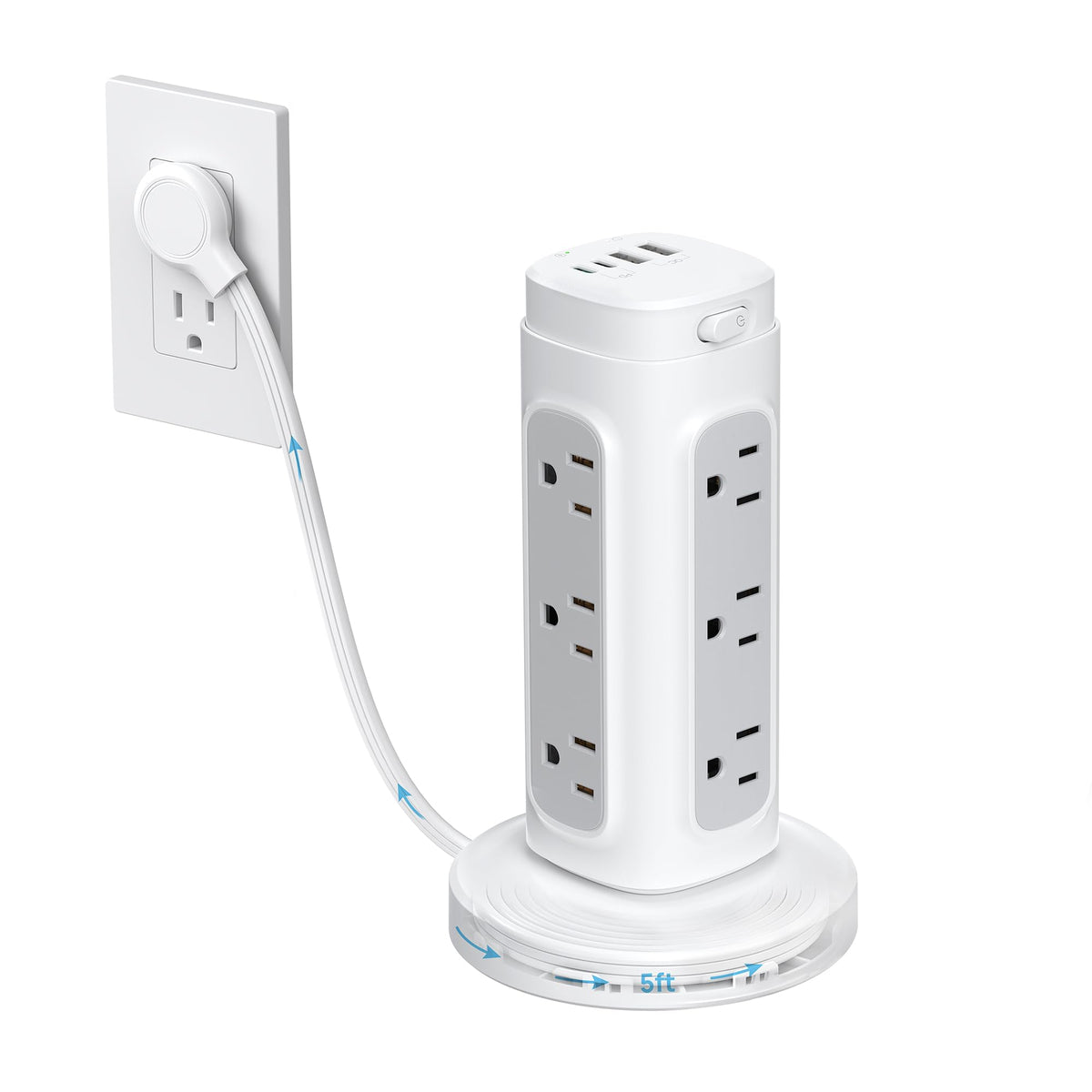 TROND tower front view showing outlets and on/off button for organized charging