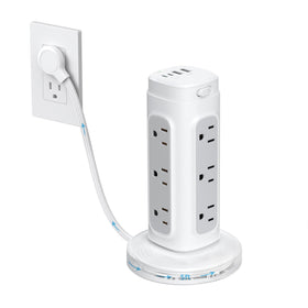 TROND tower front view showing outlets and on/off button for organized charging