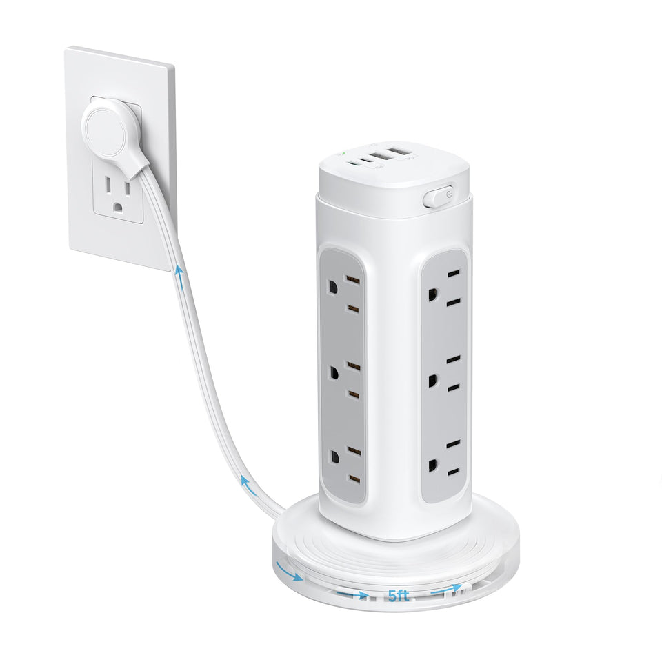 TROND tower front view showing outlets and on/off button for organized charging