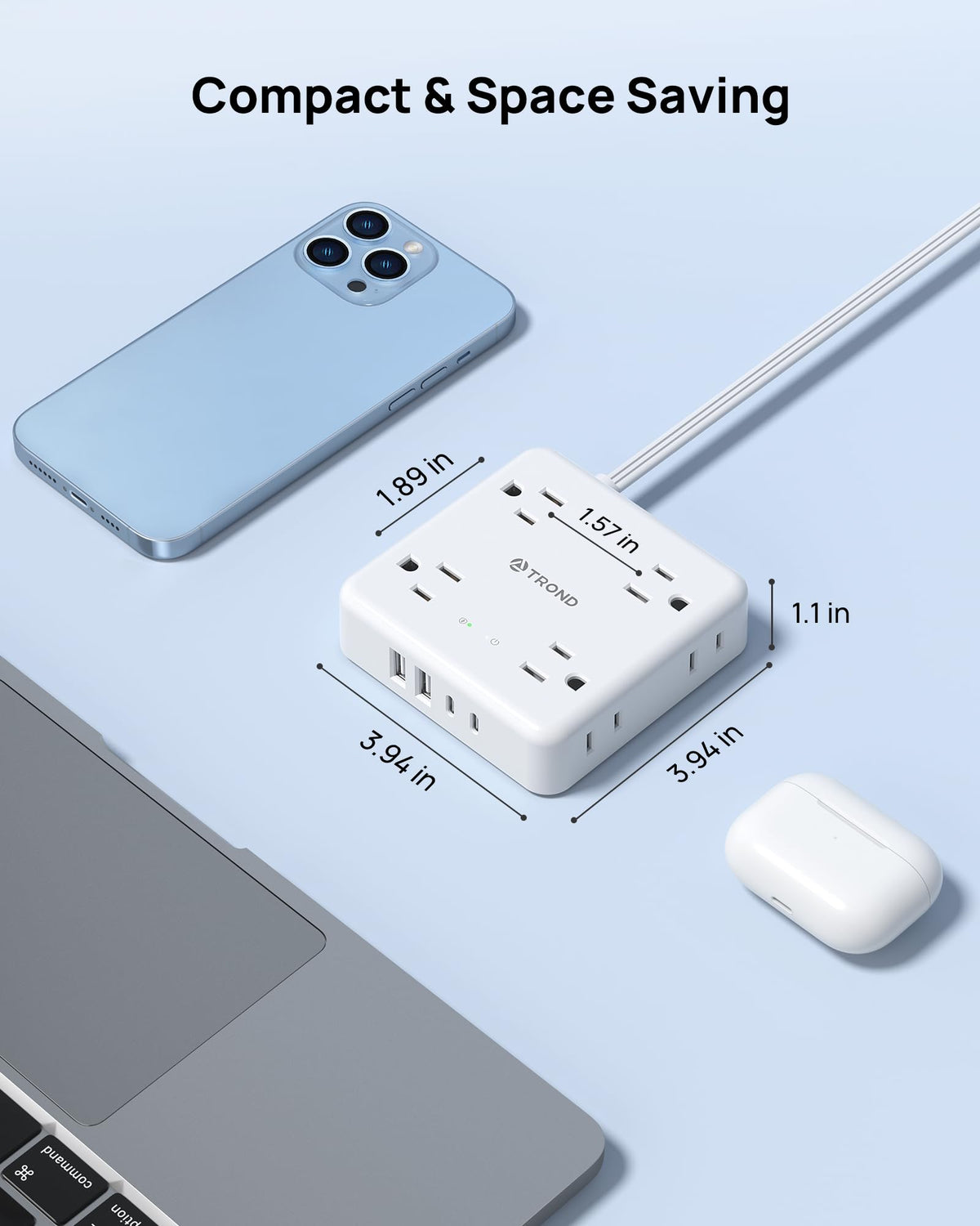 TROND packed in a travel bag illustrating portable surge protection