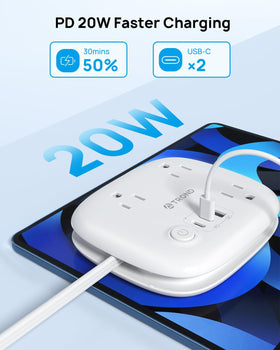 TROND three-outlet layout simplifies charging in travel and hotel rooms.