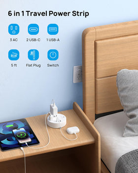 TROND travel power strip with slim flat plug for flush wall mounting.