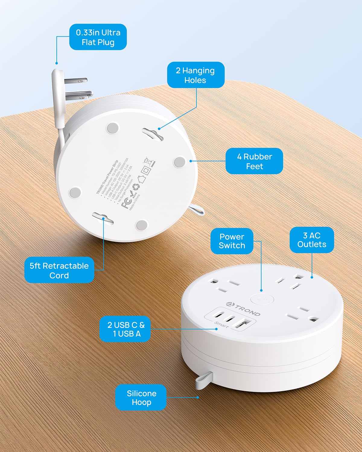 TROND power strip includes silicone loop to hang when not in use.