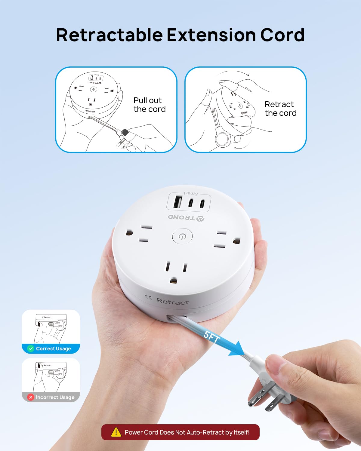 TROND power strip showing three outlets and two USB-C ports for multi-device charging.