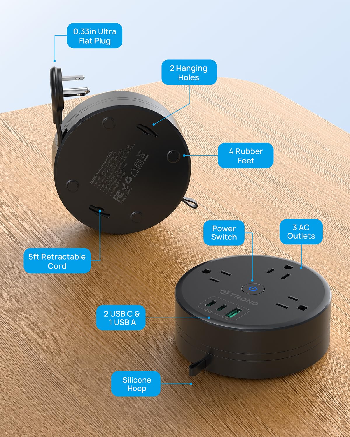 TROND ultra-flat plug hugs walls and prevents blocked outlets.