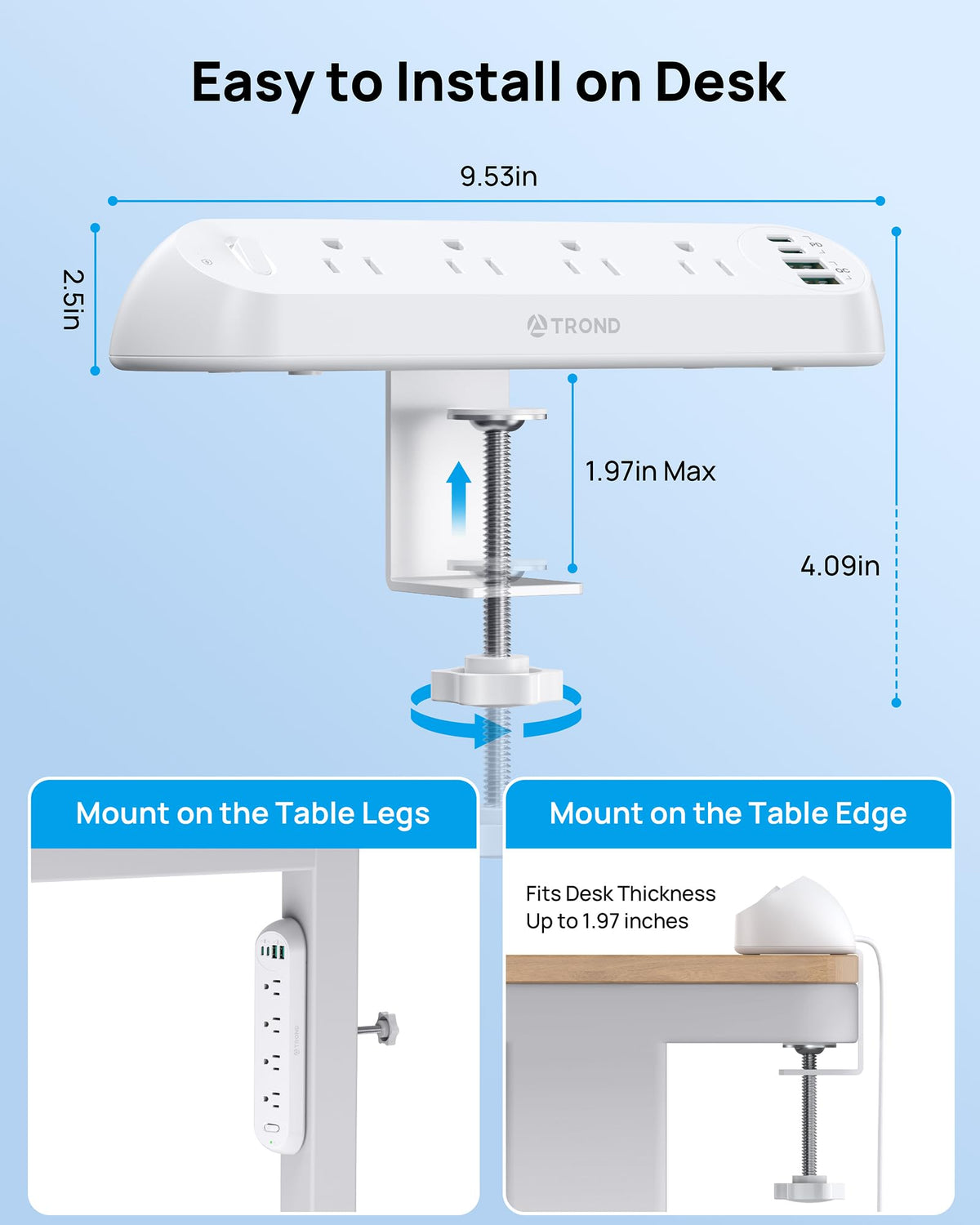 TROND detailed view of four AC outlets and two USB‑C plus two USB‑A ports for versatile charging