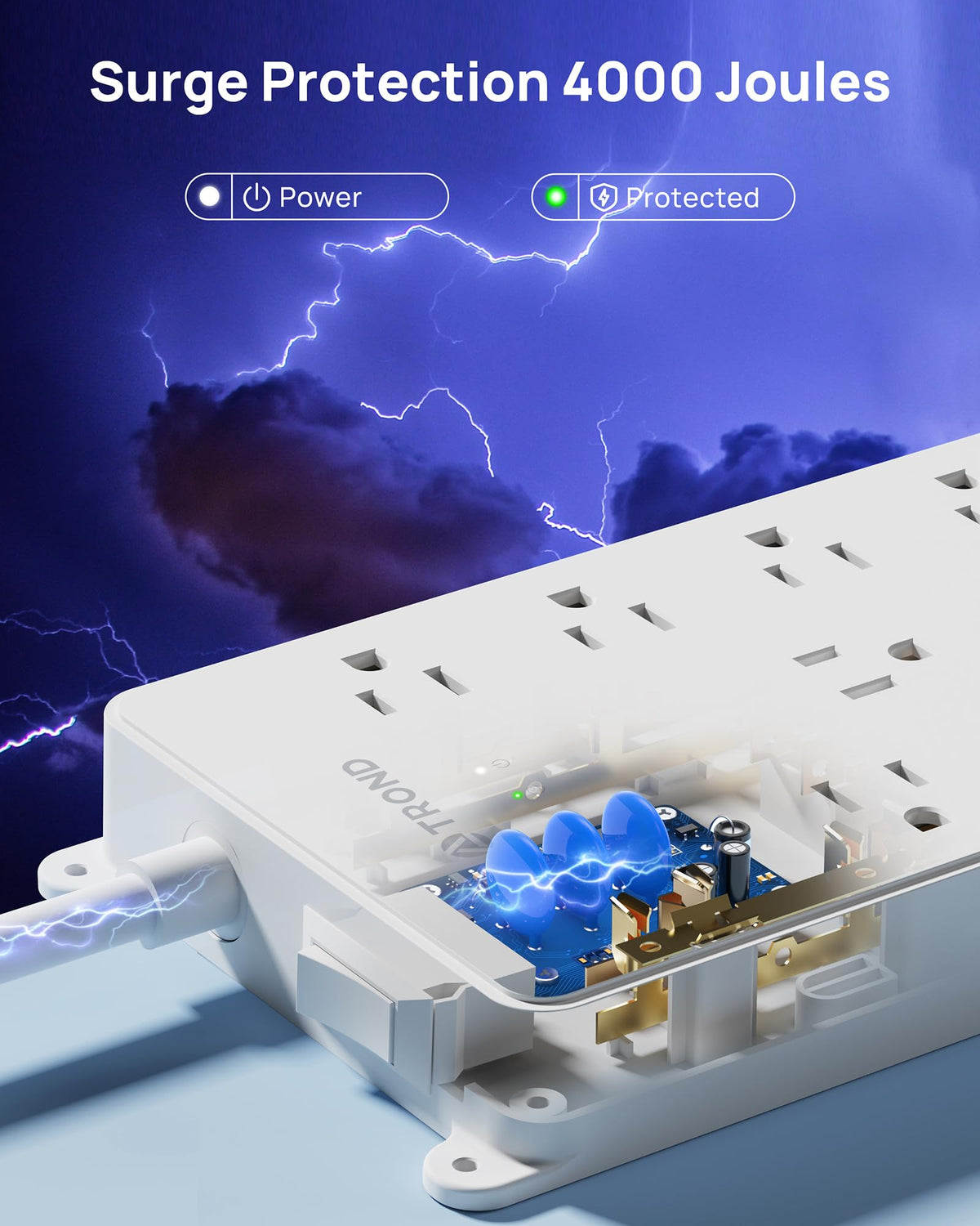 TROND USB-C ports and power switch detail for fast device charging and easy on/off control